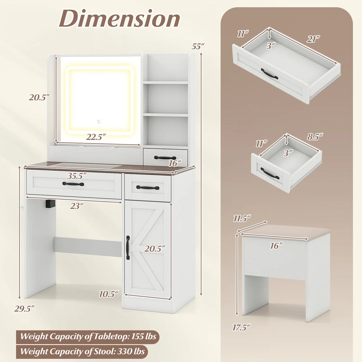 Homasis Vanity Desk With Led Lighting Mirror And Power Outlet