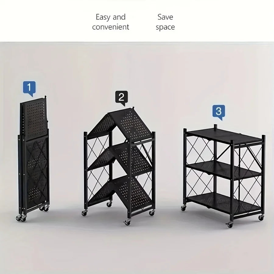 Foldable Metal Storage Rack With Wheels For Garage And Kitchen