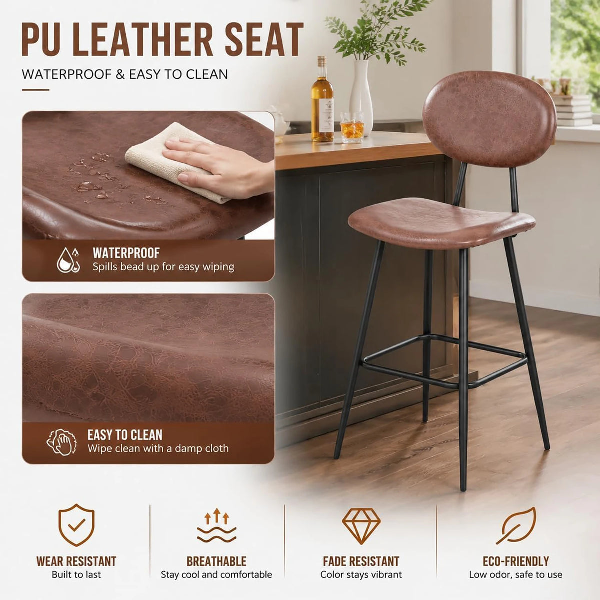 HobbyLane Bar Stools Set of 2 Faux Leather High Back