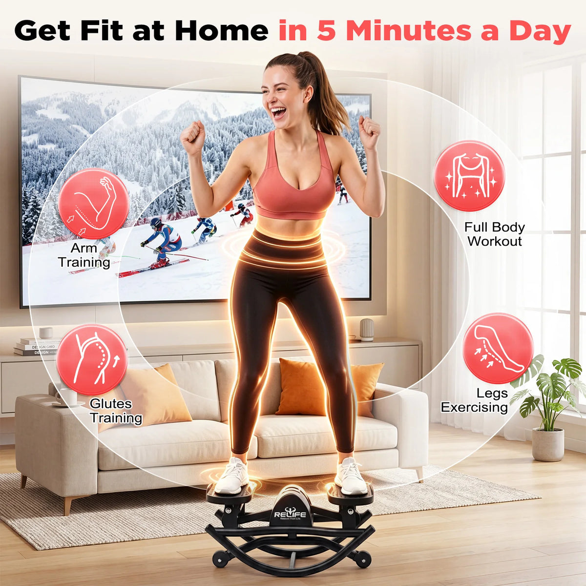 3D Lateral Rocking Stepper With Resistance Bands For Home Fitness