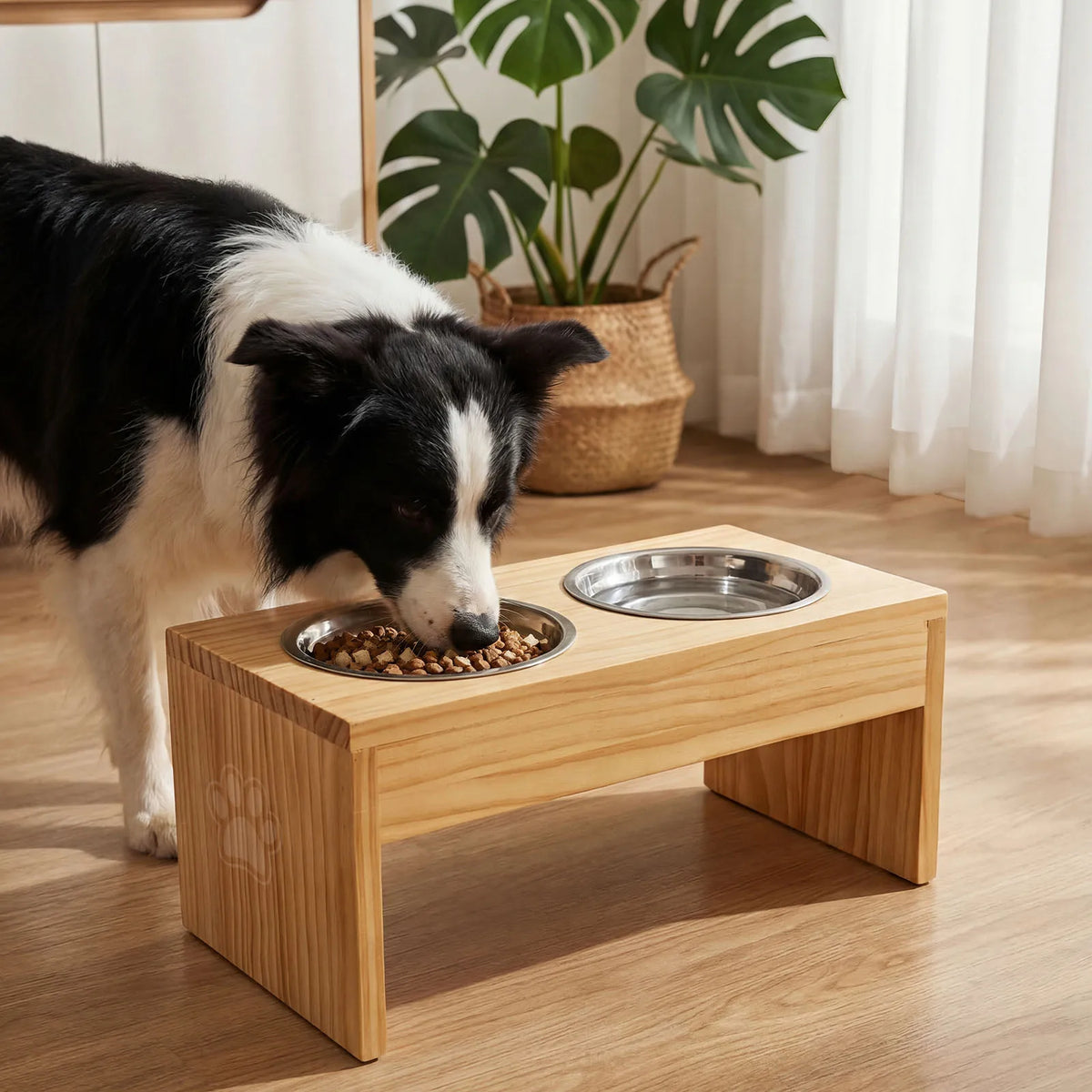 Wooden Elevated Dog Feeder With Stainless Steel Double Bowls