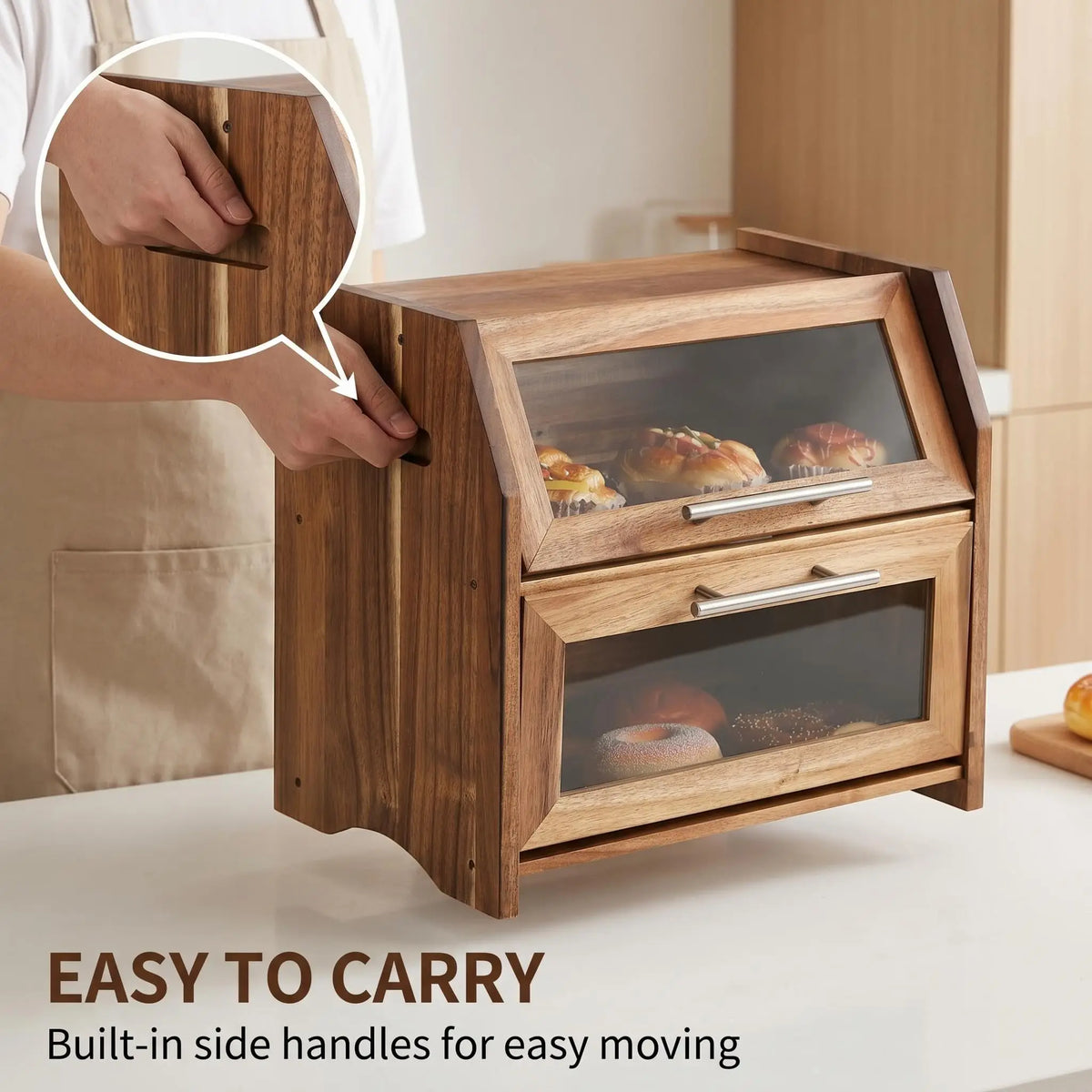 HiMISS Double Layer Acacia Wood Bread Box Clear Vented Doors