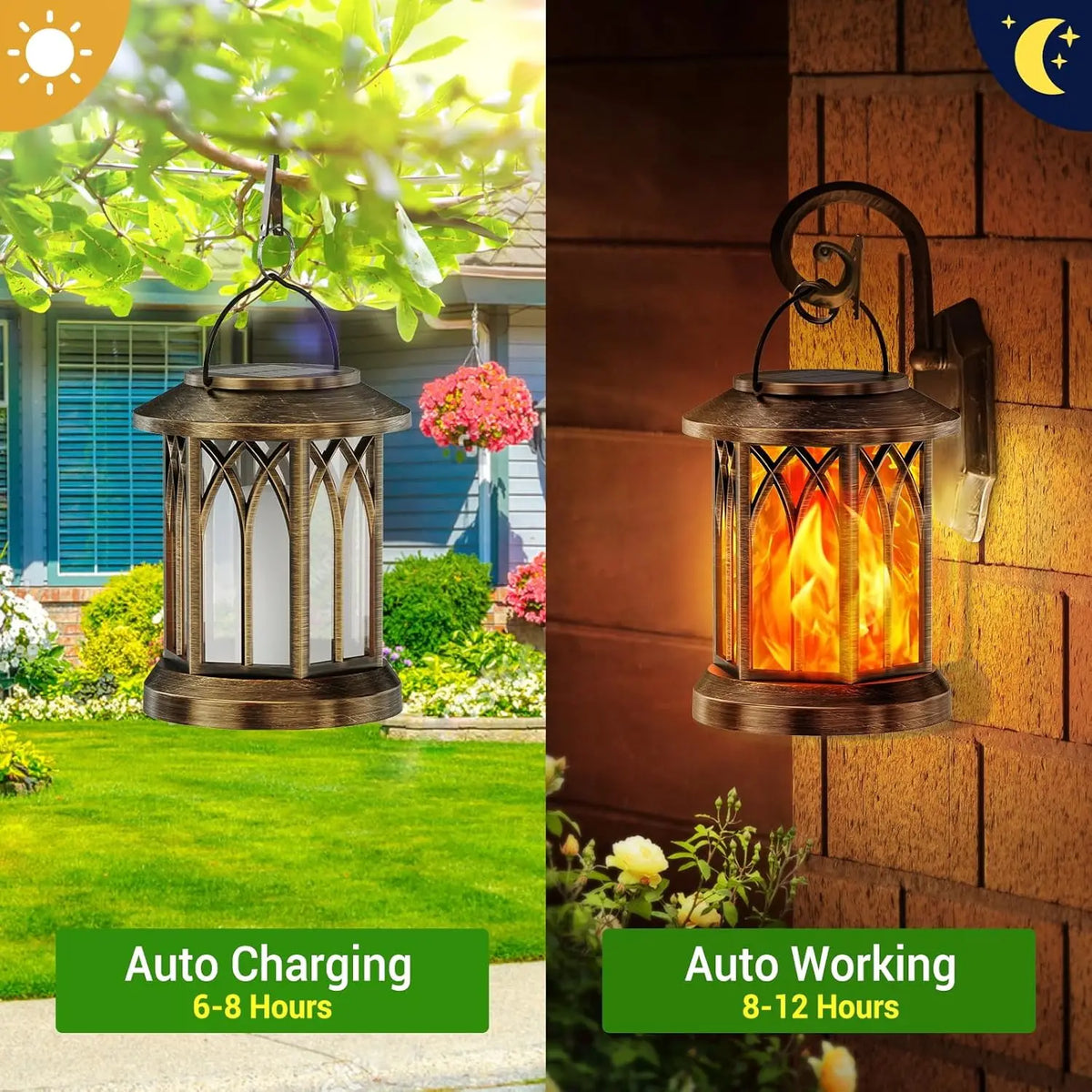 Waterproof Flickering Flame Solar Lantern LED Outdoor Auto On Off