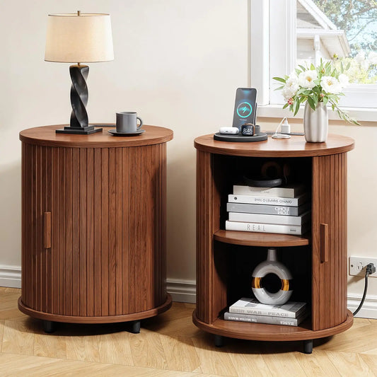 Onbrill Fluted Round End Table Set Of Two Wooden Nightstands