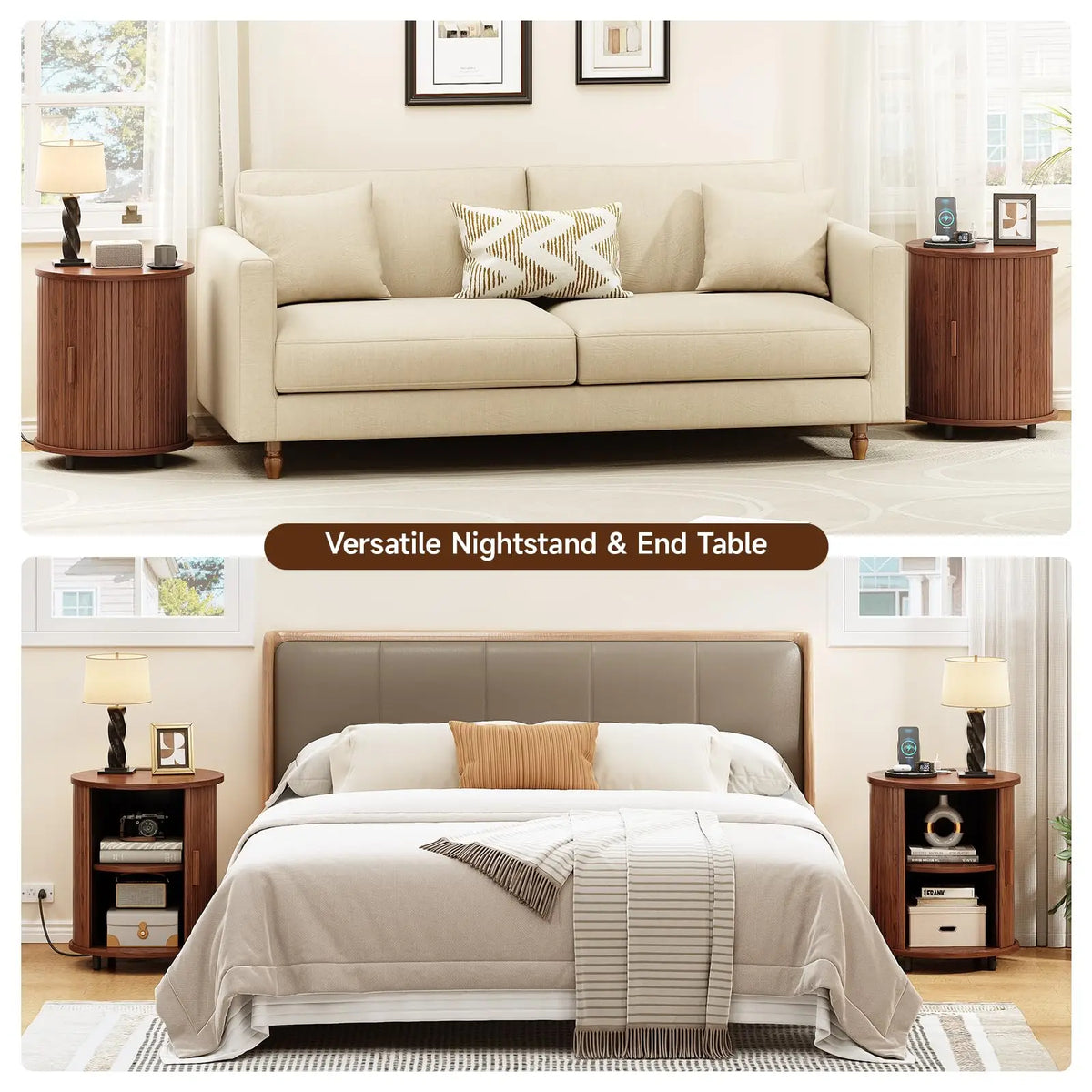 Onbrill Fluted Round End Table Set Of Two Wooden Nightstands