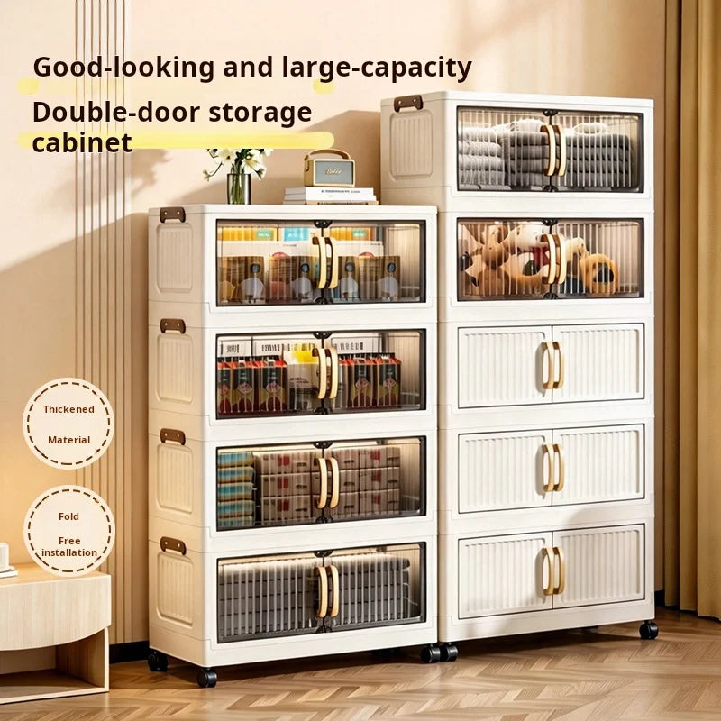 Foldable Plastic Storage Cabinet With Transparent Doors And Wheels