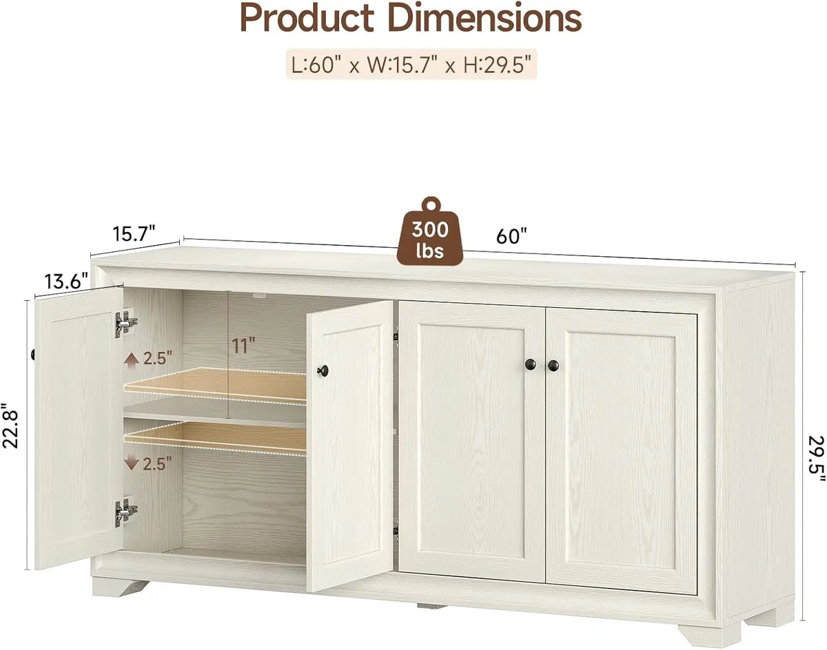 Onbrill Wooden Buffet Cabinet With Adjustable Shelves And Storage