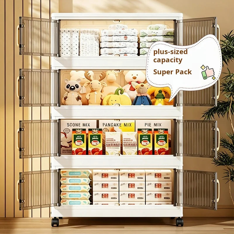 Foldable Plastic Storage Cabinet With Transparent Doors And Wheels