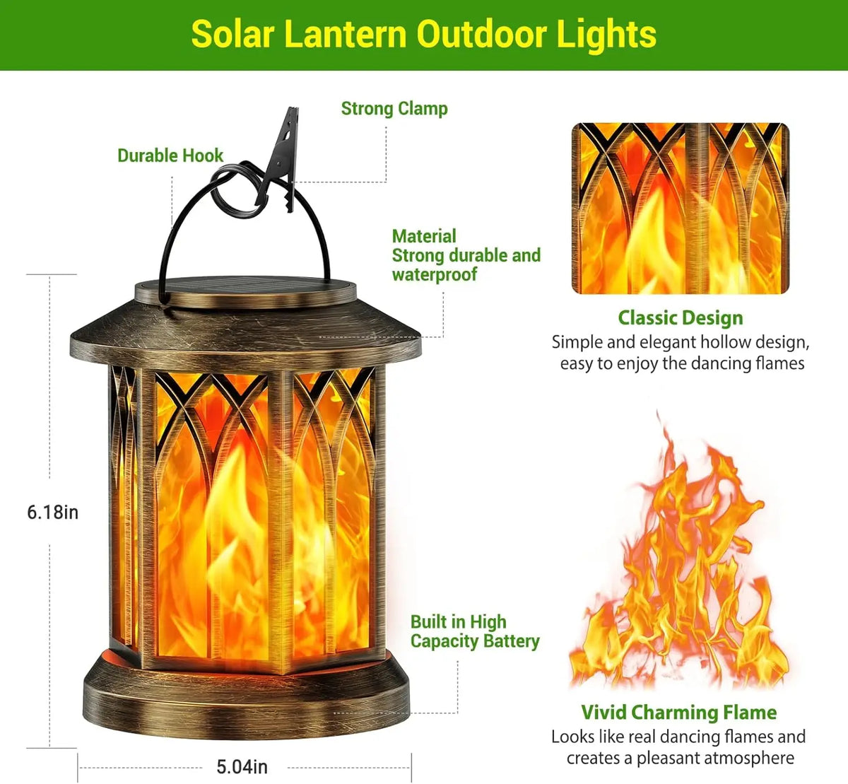 Waterproof Flickering Flame Solar Lantern LED Outdoor Auto On Off