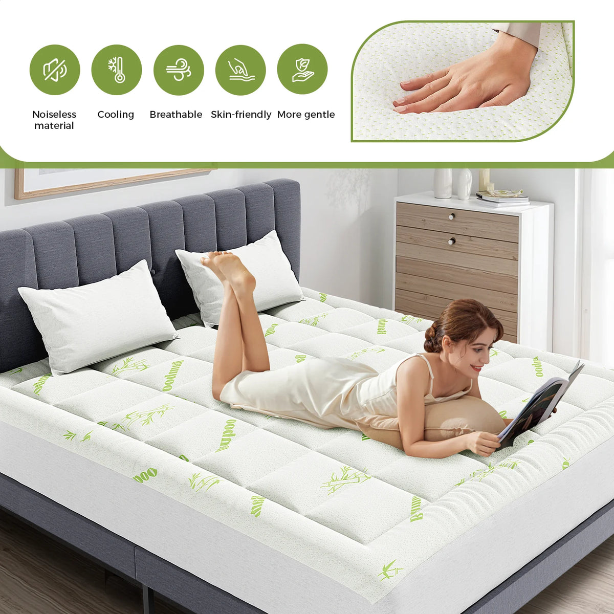 JHK Bamboo Fiber Mattress Topper Deep Pockets for Comfort