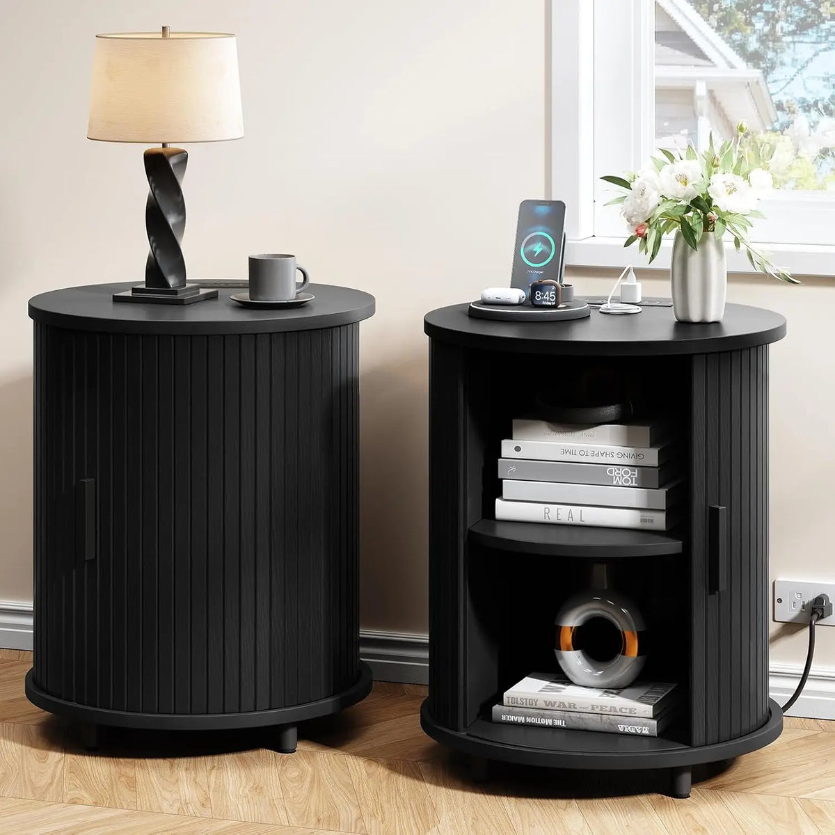 Onbrill Fluted Round End Table Set Of Two Wooden Nightstands