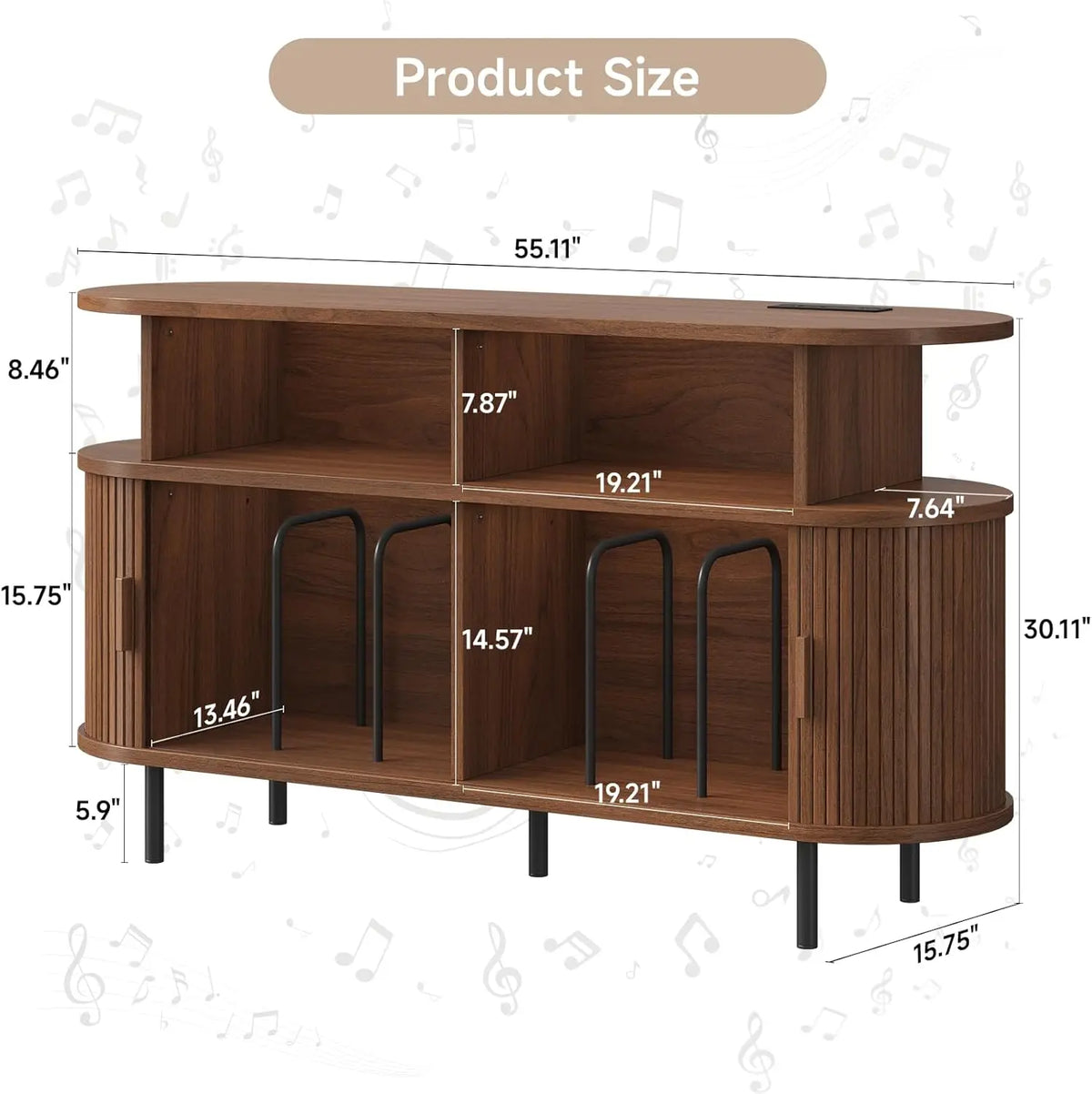 Onbrill 55 Inch Walnut Mid Century Modern Turntable Cabinet