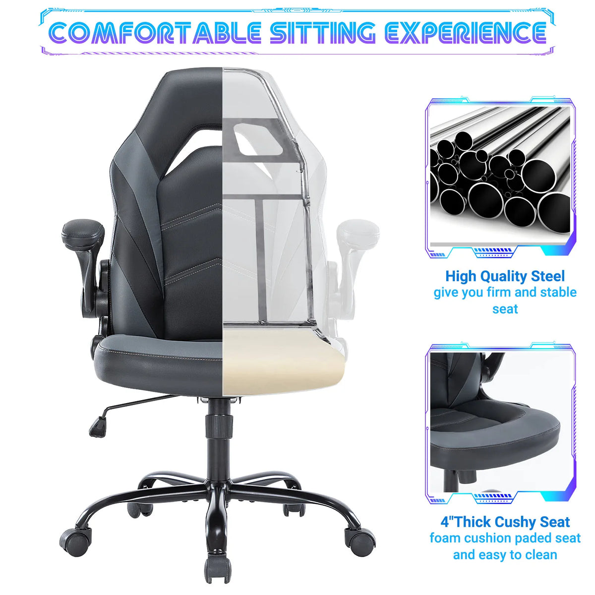 JHK Ergonomic Racing Chair Flip Up Armrests Adjustable Height