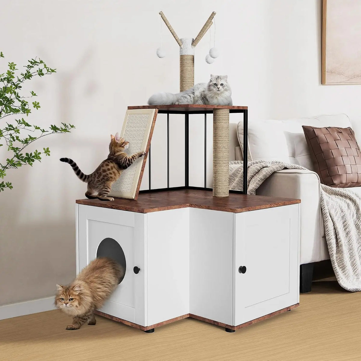 Garvee Wood L Shaped Corner Cat Activity Tree With Cabinet