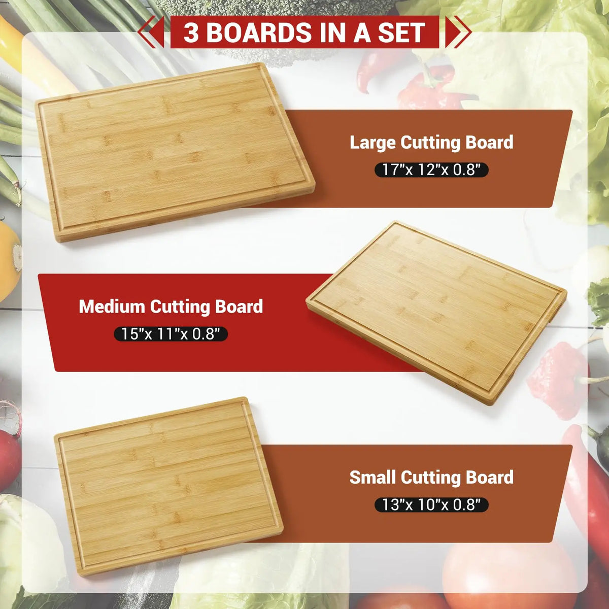HiMISS Bamboo Cutting Board Set Of 3 With Deep Juice Grooves