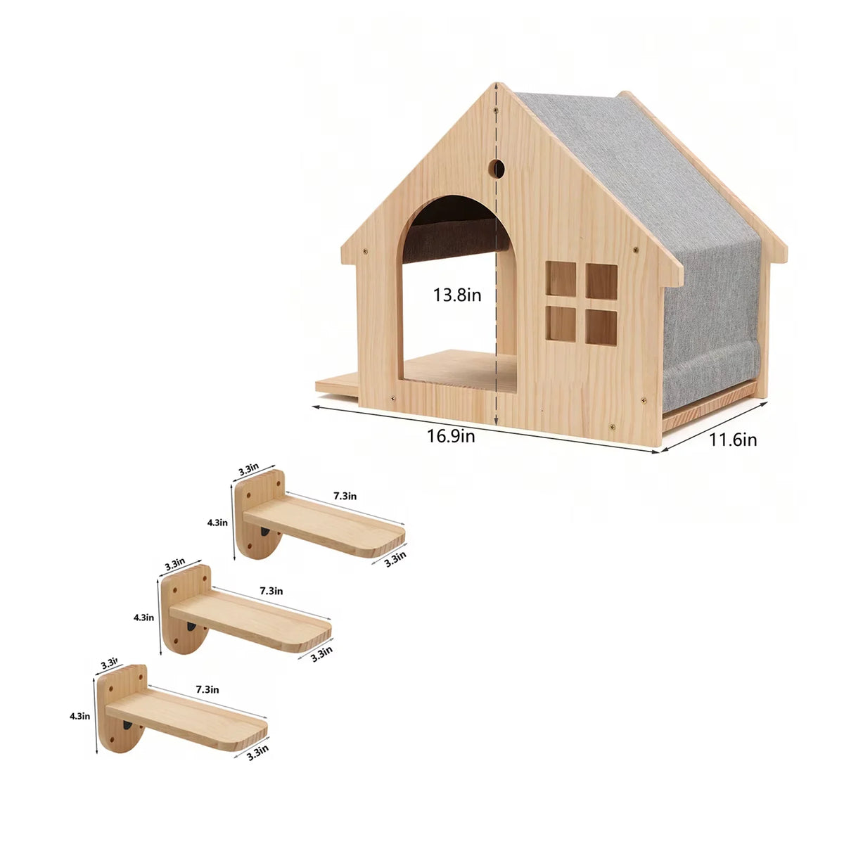 Wooden Wall Mounted Cat Condo Floating Shelf Villa