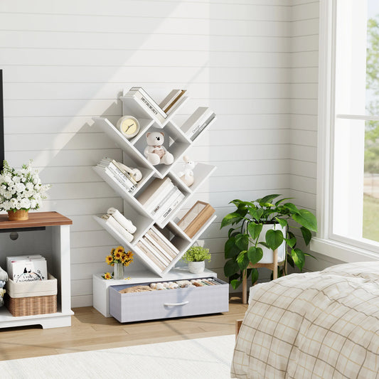 HiMISS Metal Bookshelf With LED Lights And Fabric Drawer