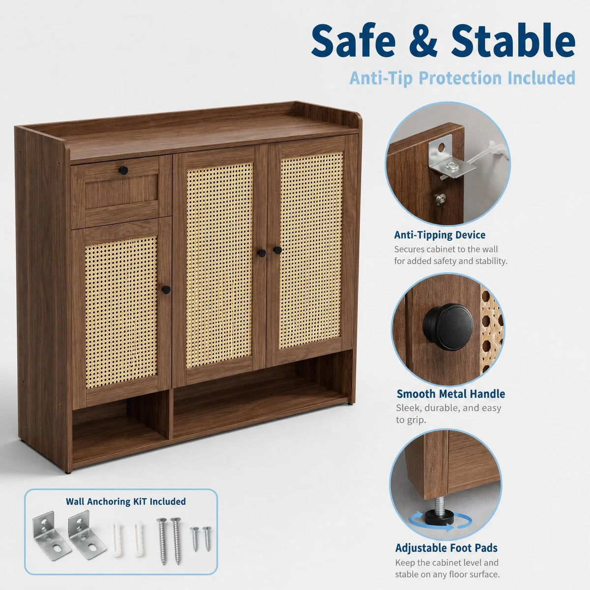 HiMISS Bamboo Rattan Shoe Cabinet With Drawer And Adjustable Shelf