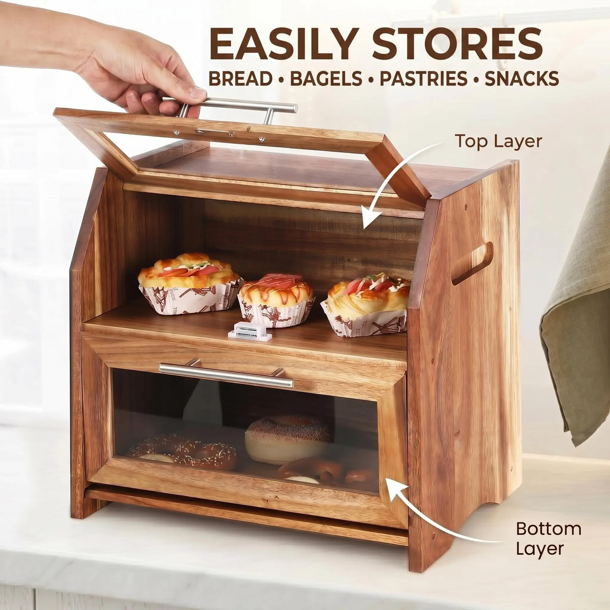 HiMISS Double Layer Acacia Wood Bread Box Clear Vented Doors