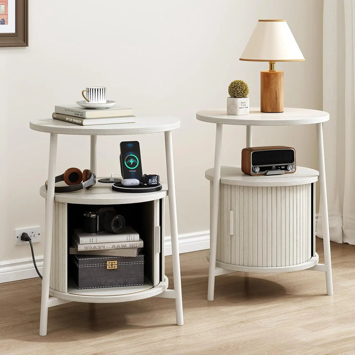 Onbrill Fluted Round End Table Set Of Two Wooden Nightstands