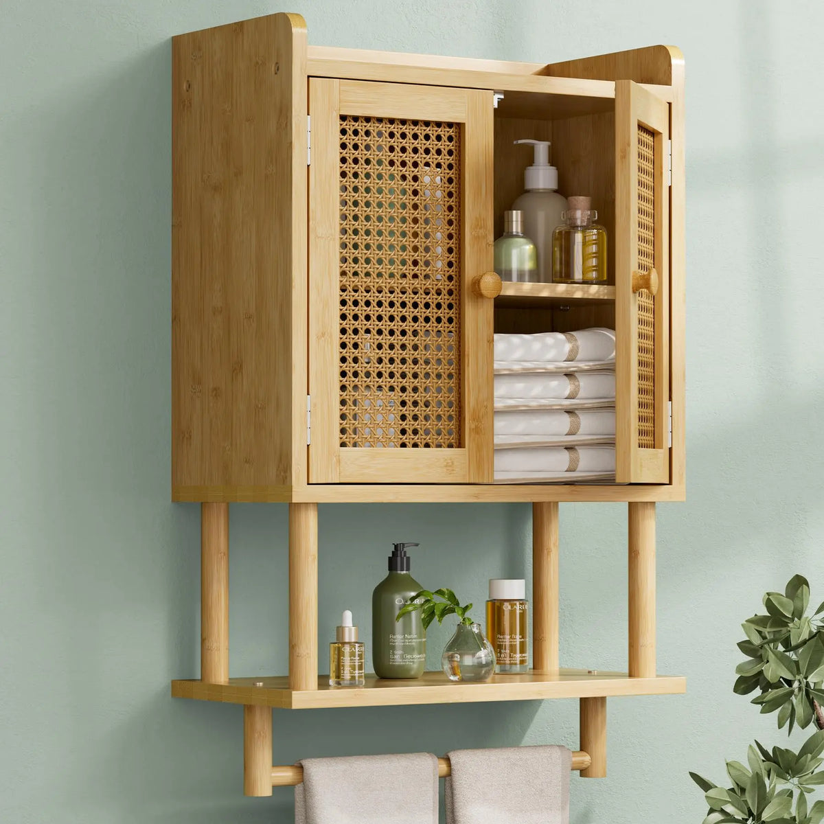 Xiuwo Bamboo Over Toilet Cabinet With Towel Bar For Bathroom