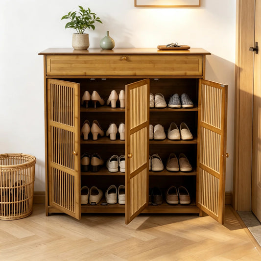 Tiered Bamboo Shoe Storage Cabinet With Open Door Organization