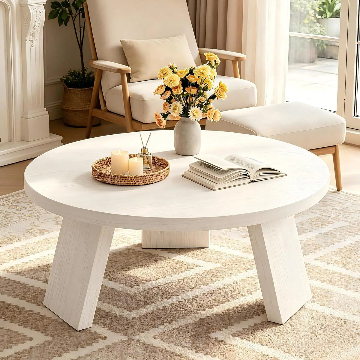 HiMiss Modern Round Wood Grain Coffee Table With Angled Legs