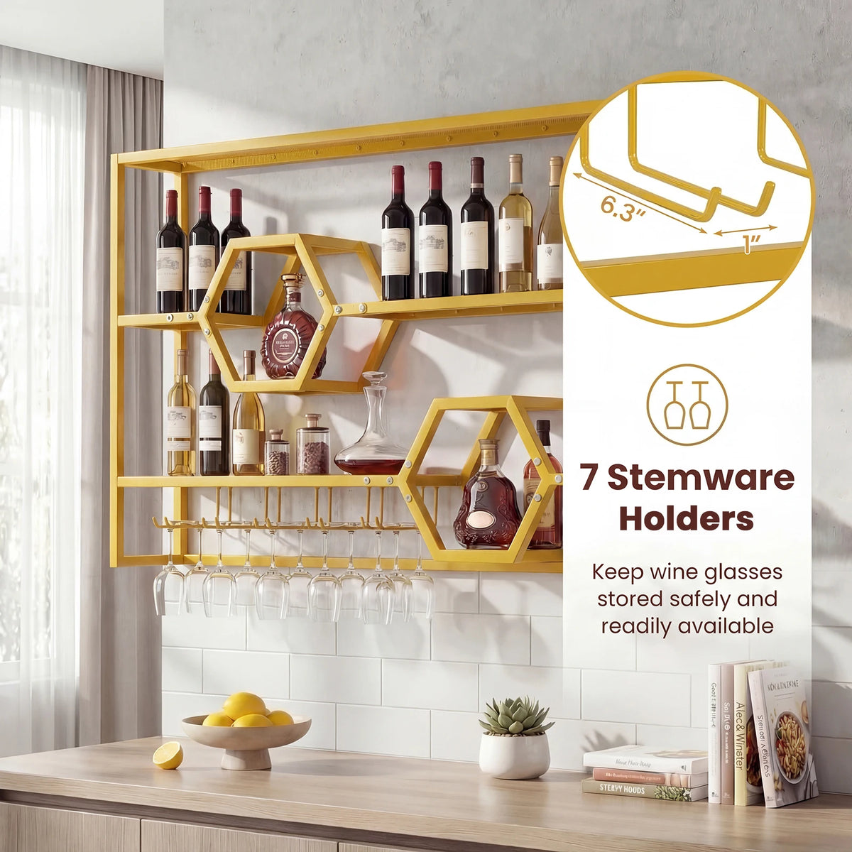 HOMASIS Large Wall Mounted Floating Bar Wine Rack With Glass Holder