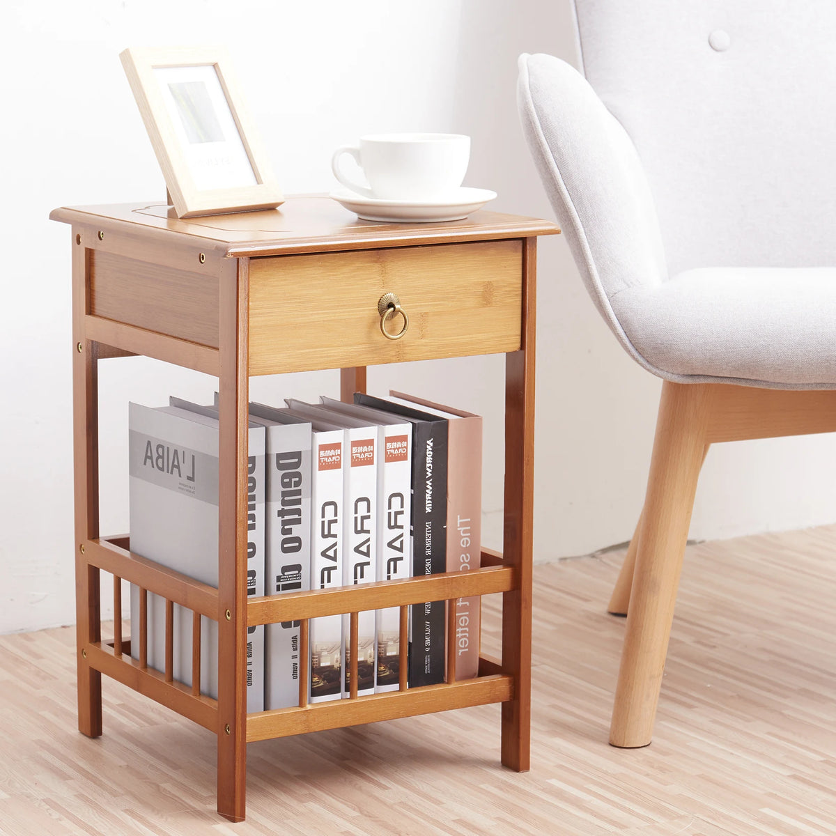 Luvodi Bamboo Bedside Table With Drawer And Storage Shelf