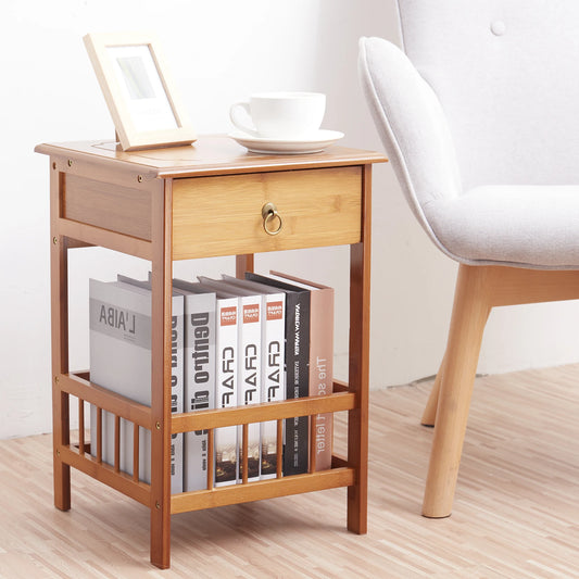 Luvodi Bamboo Bedside Table With Drawer And Storage Shelf