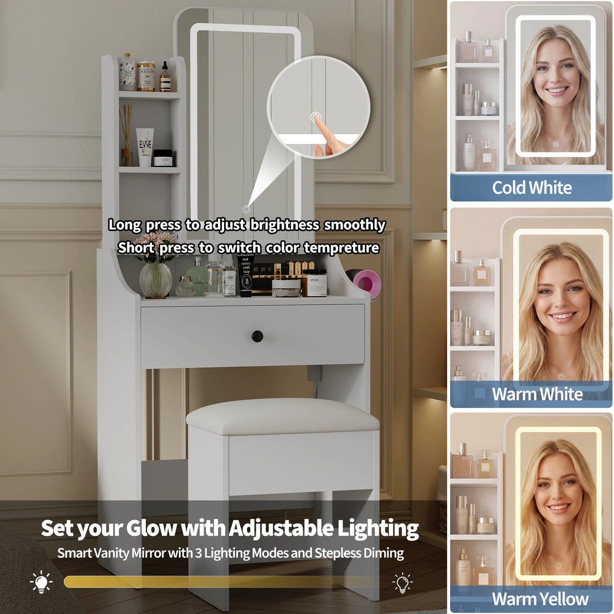 MCQ Modern Led Mirror Vanity Cabinet With Storage Shelf