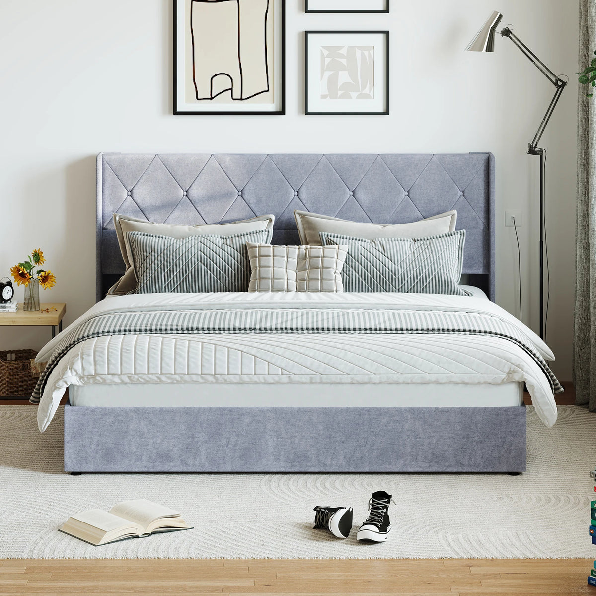 JHK Modern Upholstered Wingback Platform Bed With Hydraulic Lift Storage