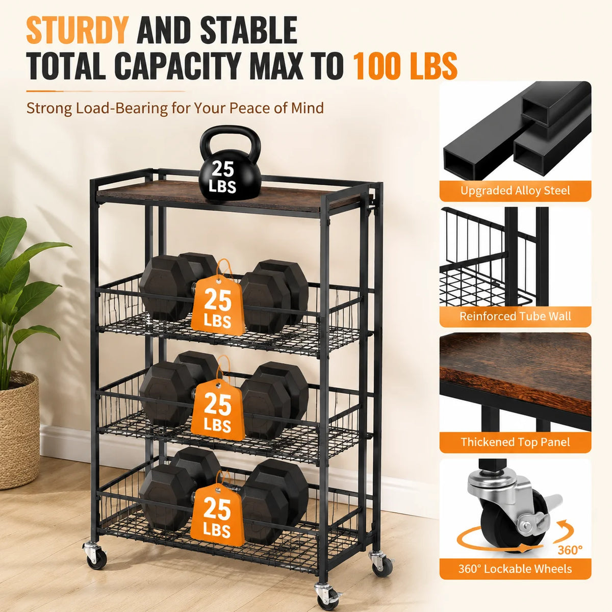Four Tier Steel Foldable Storage Cart With Lockable Caster Wheels