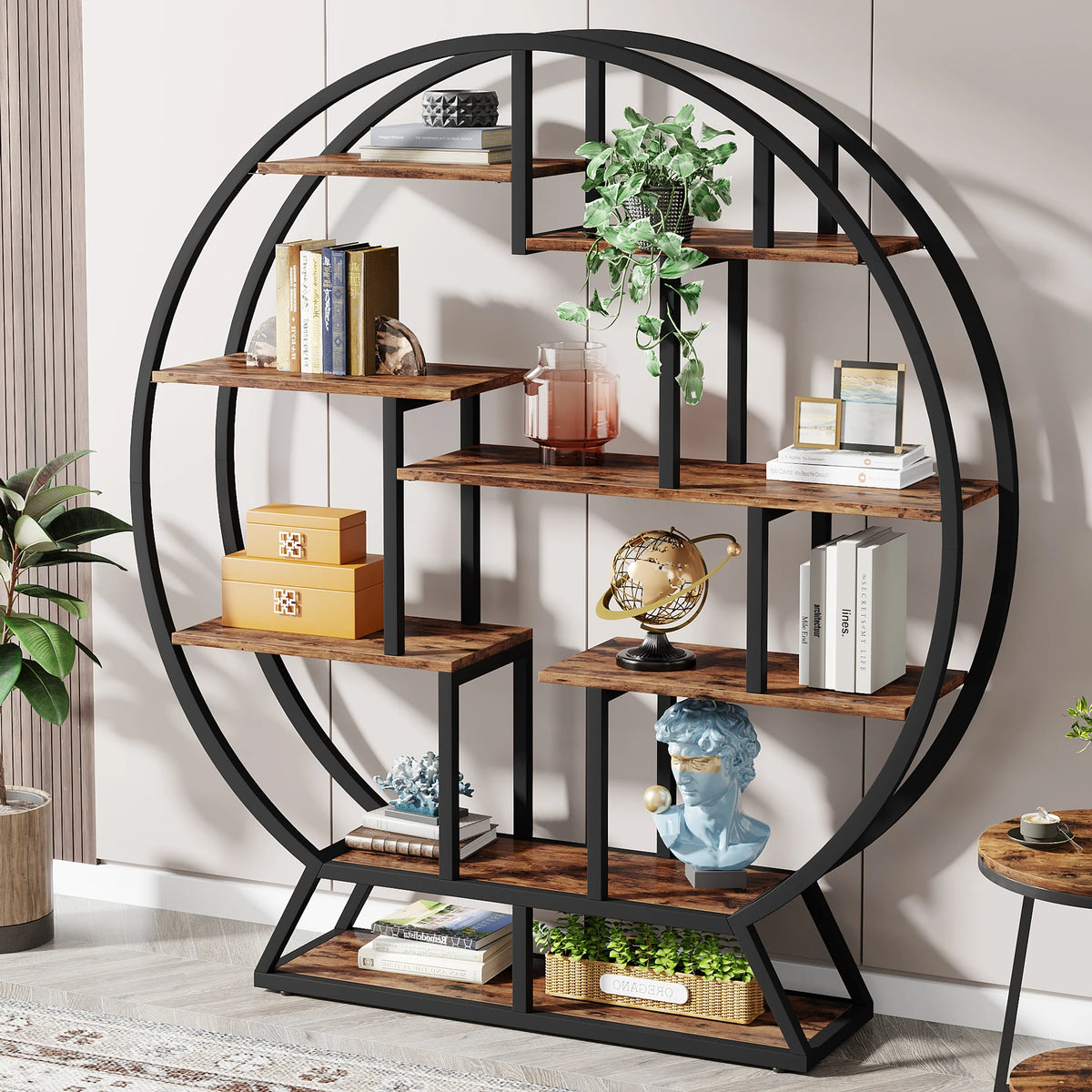 Tribesigns 63 Inch Industrial Round Book Shelf With Staggered Shelves