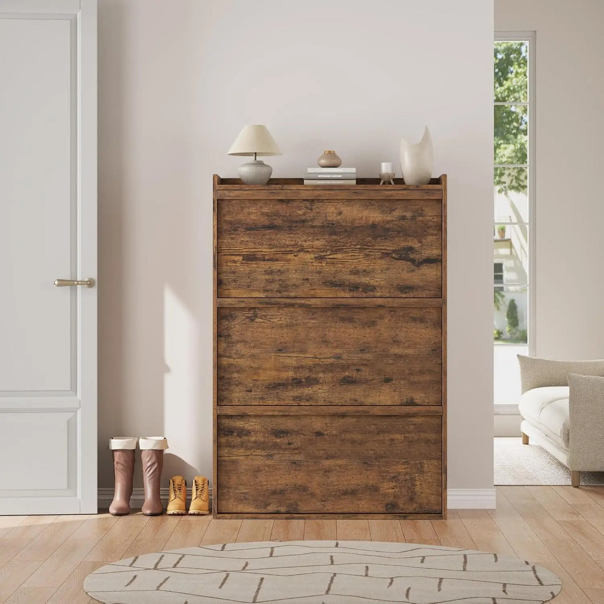 HiMISS 3 Drawer Wooden Shoe Cabinet Freestanding Home Storage Organizer