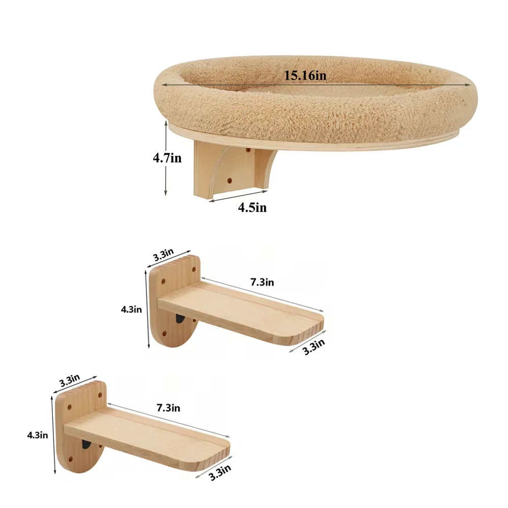 Wall Mounted Wooden Cat Ladder With Hammock And Scratching Post