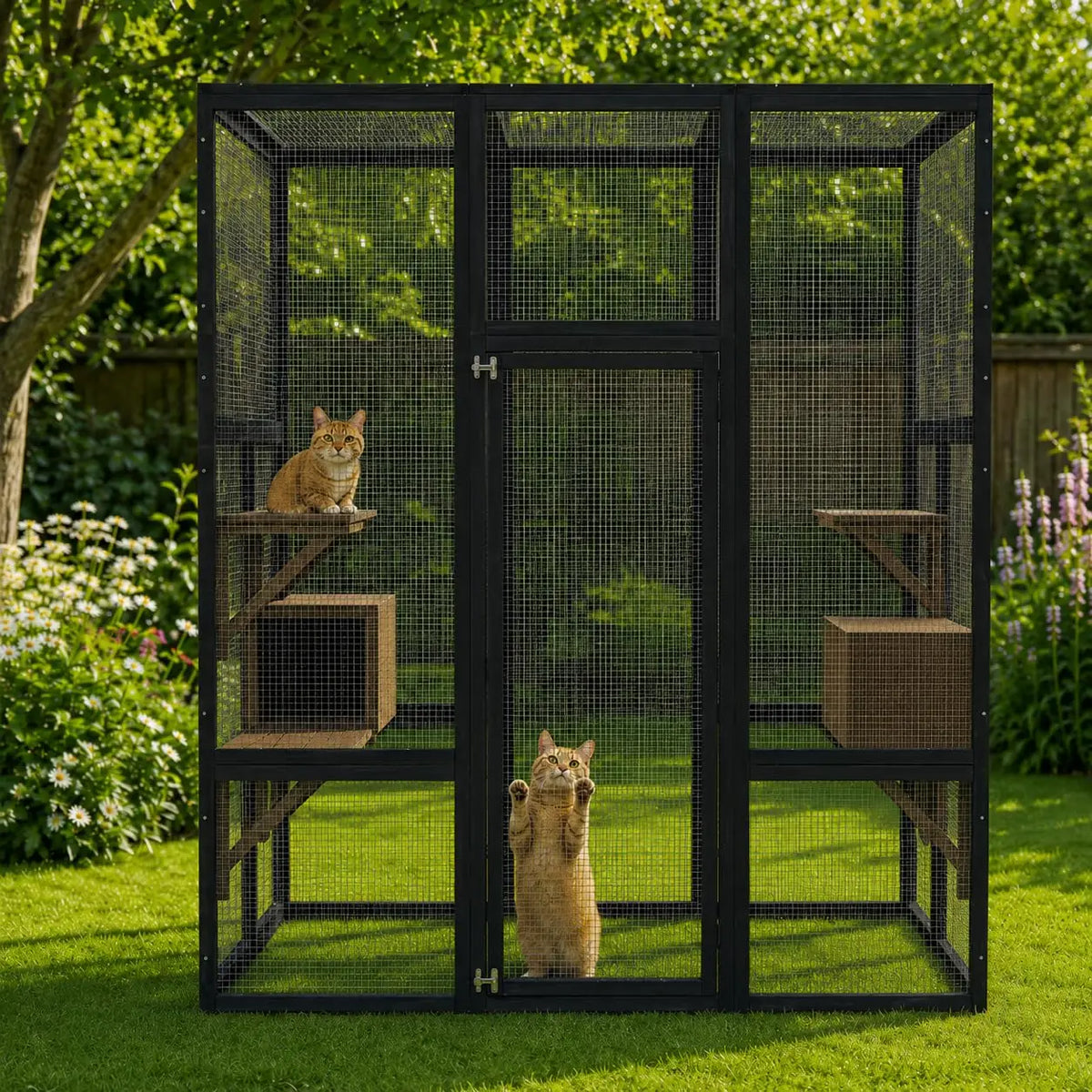 HiMiss Outdoor Catio Cat Enclosure Wooden Platform Rest Box