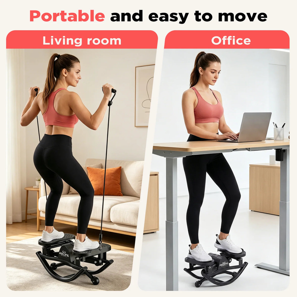 3D Lateral Rocking Stepper With Resistance Bands For Home Fitness