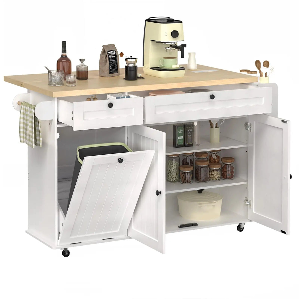 ONBRILL Mobile Kitchen Island Cart With Power Outlet Spice Rack Drop Leaf