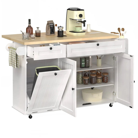 ONBRILL Mobile Kitchen Island Cart With Power Outlet Spice Rack Drop Leaf