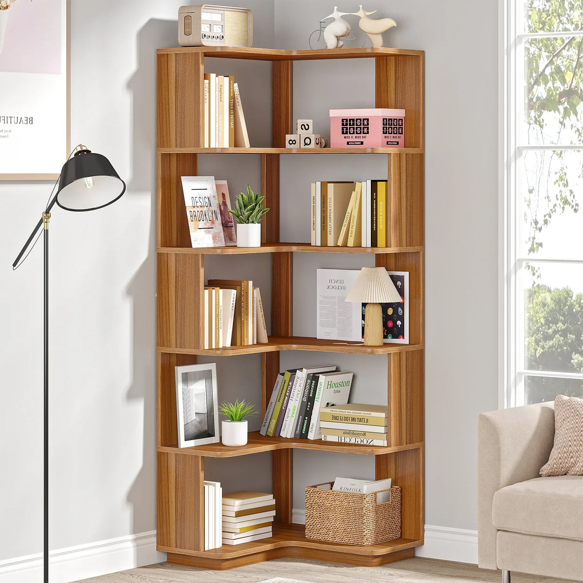 Tribesigns Six Tier Industrial Corner Bookcase With Protective Backing