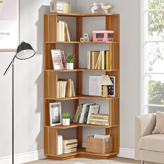 Tribesigns Six Tier Industrial Corner Bookcase With Protective Backing