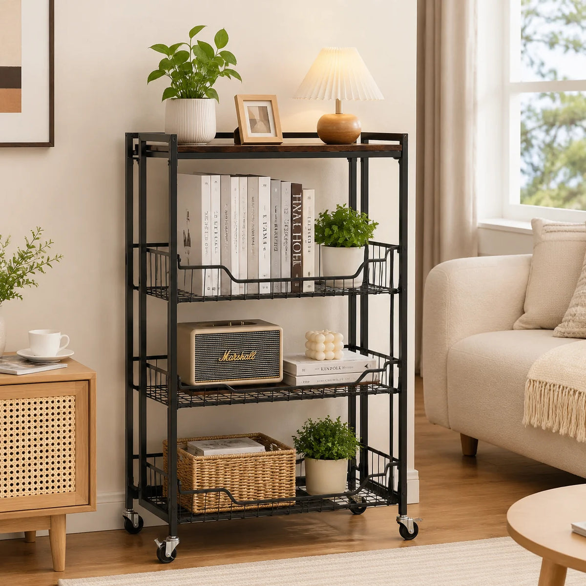 Four Tier Steel Foldable Storage Cart With Lockable Caster Wheels