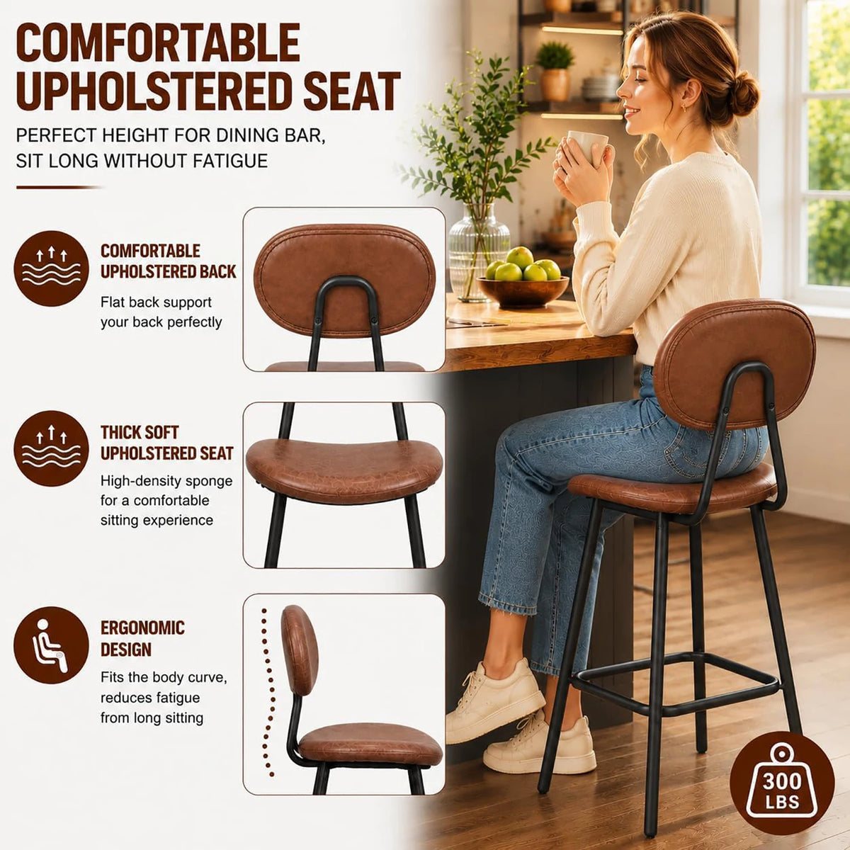 HobbyLane Bar Stools Set of 2 Faux Leather High Back