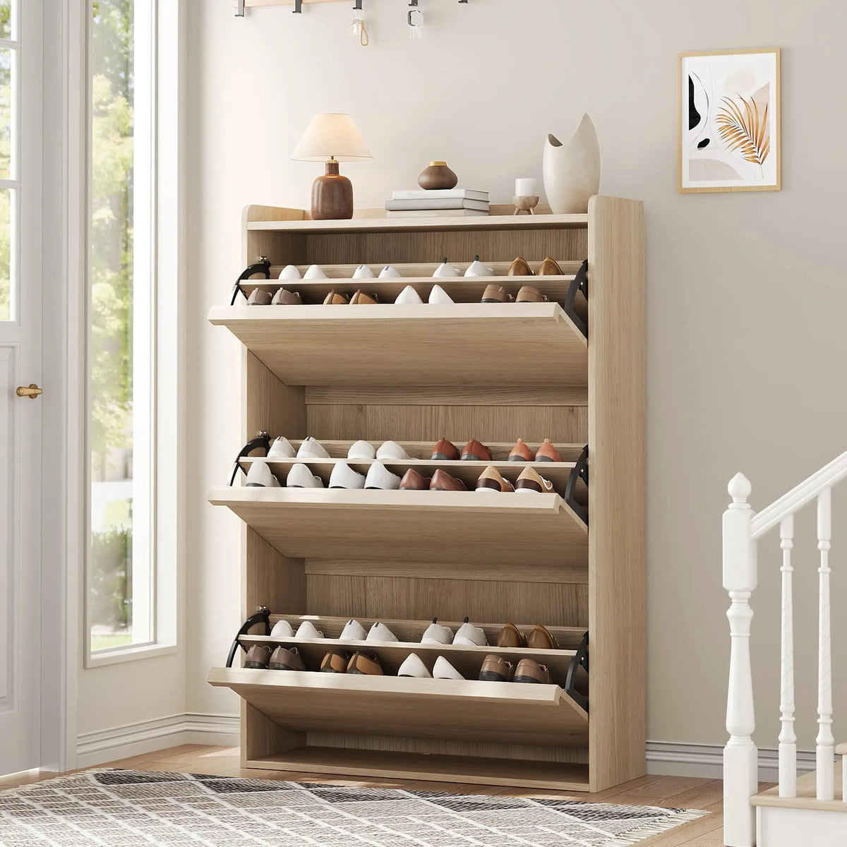 HiMISS 3 Drawer Wooden Shoe Cabinet Freestanding Home Storage Organizer