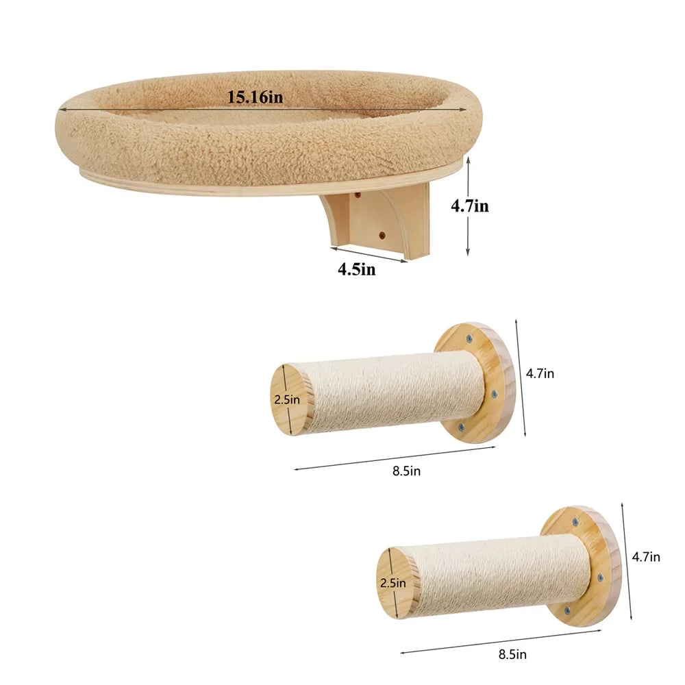 Wall Mounted Wooden Cat Ladder With Hammock And Scratching Post