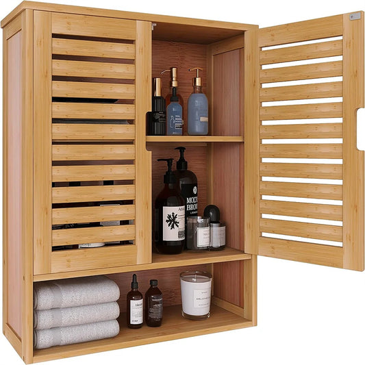 Natural Bamboo Wall Mount Bathroom Cabinet With Adjustable Shelf