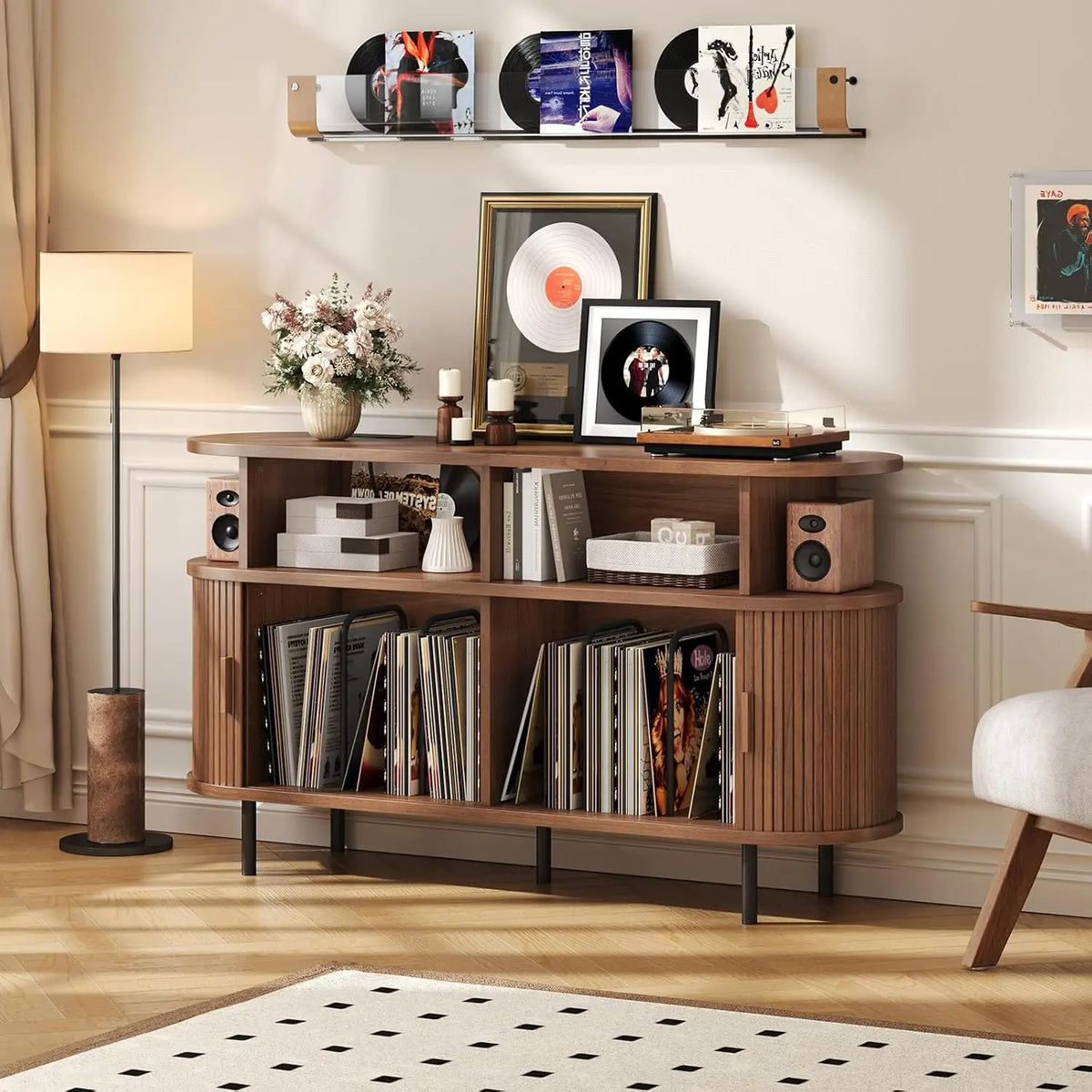 Onbrill 55 Inch Walnut Mid Century Modern Turntable Cabinet