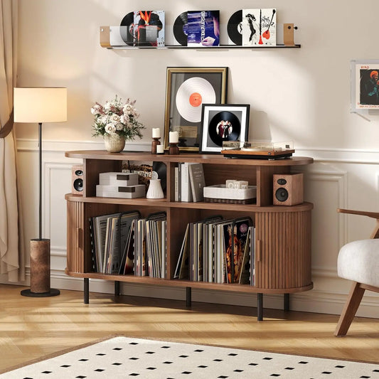 Onbrill 55 Inch Walnut Mid Century Modern Turntable Cabinet