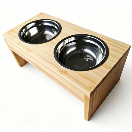 Wooden Elevated Dog Feeder With Stainless Steel Double Bowls